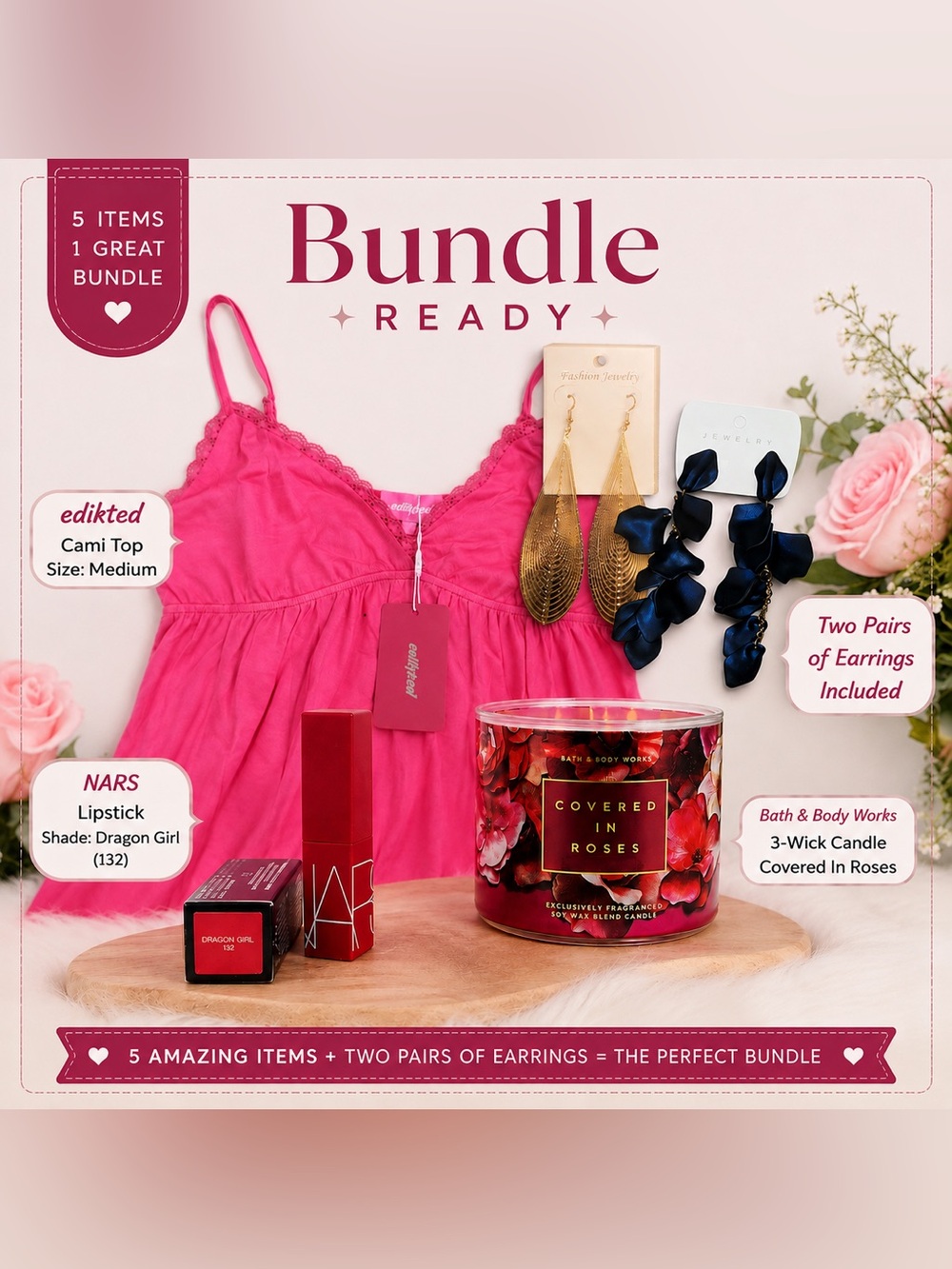 Edikted Hot Pink Cami Top Bundle with NARS Lipstick & bath & body candle earring
